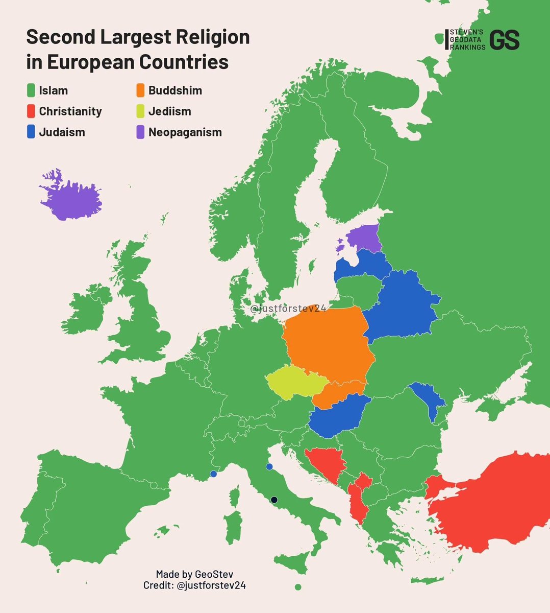 Countries in Europe by second-largest religion