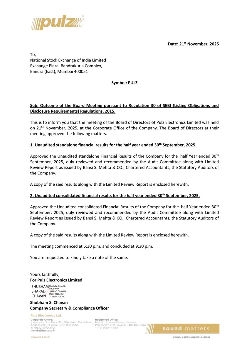 nileshkurhade's tweet image. 📌 Pulz Electronics Limited informed the exchange about its approval for the financial results for the period ended September 30, 2025. #SME #PULZ 📄🧾