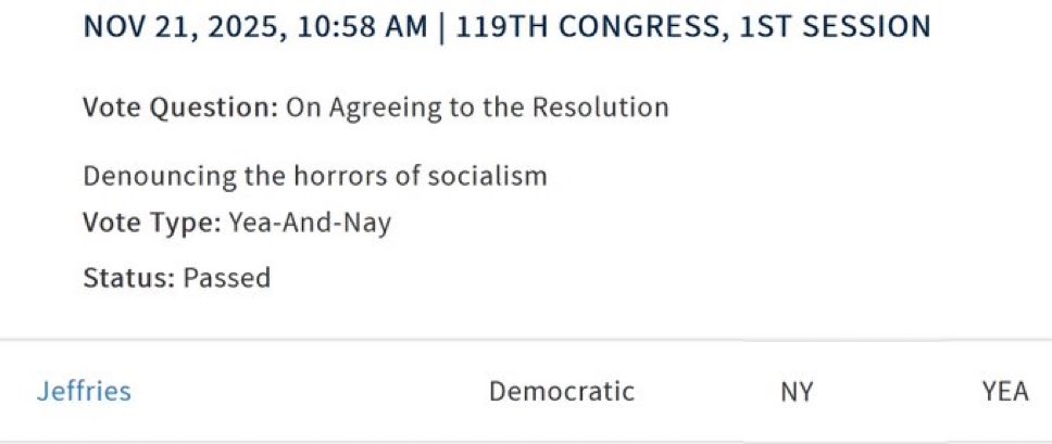 When the GOP calls every social safety net measure “socialism,” votes like this matter in a policy context. 

House Minority Leader Jeffries voting with the GOP  in favor of this resolution is showing his ultra-wealthy donors exactly who he fights for. 

It’s not the people.