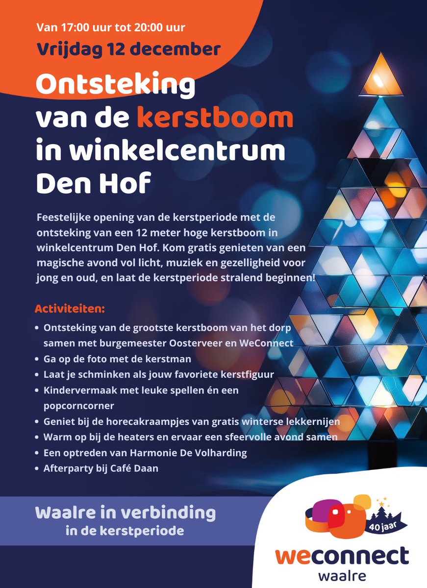 Over 3 weken ontsteken we de kerstboom in winkelcentrum Den Hof samen met burgemeester Oosterveer. Daaromheen hebben we een leuk programma om de kerstperiode feestelijk te openen. Tijdstip: van 17.00 uur tot 20.00 uur. Kom je ook? 🎅🏼 #Waalre 

bit.ly/waalre-in-verb…