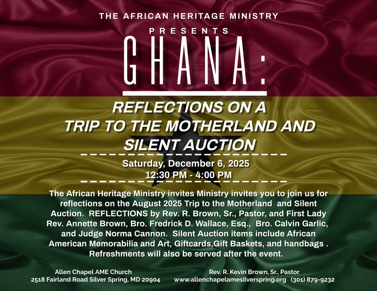 ACSSMD's tweet image. Please mark your calendar and join us on Saturday, December 6th at 12:30 p.m. for an afternoon of Reflections on a #Motherland Trip to #Ghana and Silent Auction! Silent auction items include black memorabilia, artwork, giftcards, gift baskets and more for some holiday shopping!