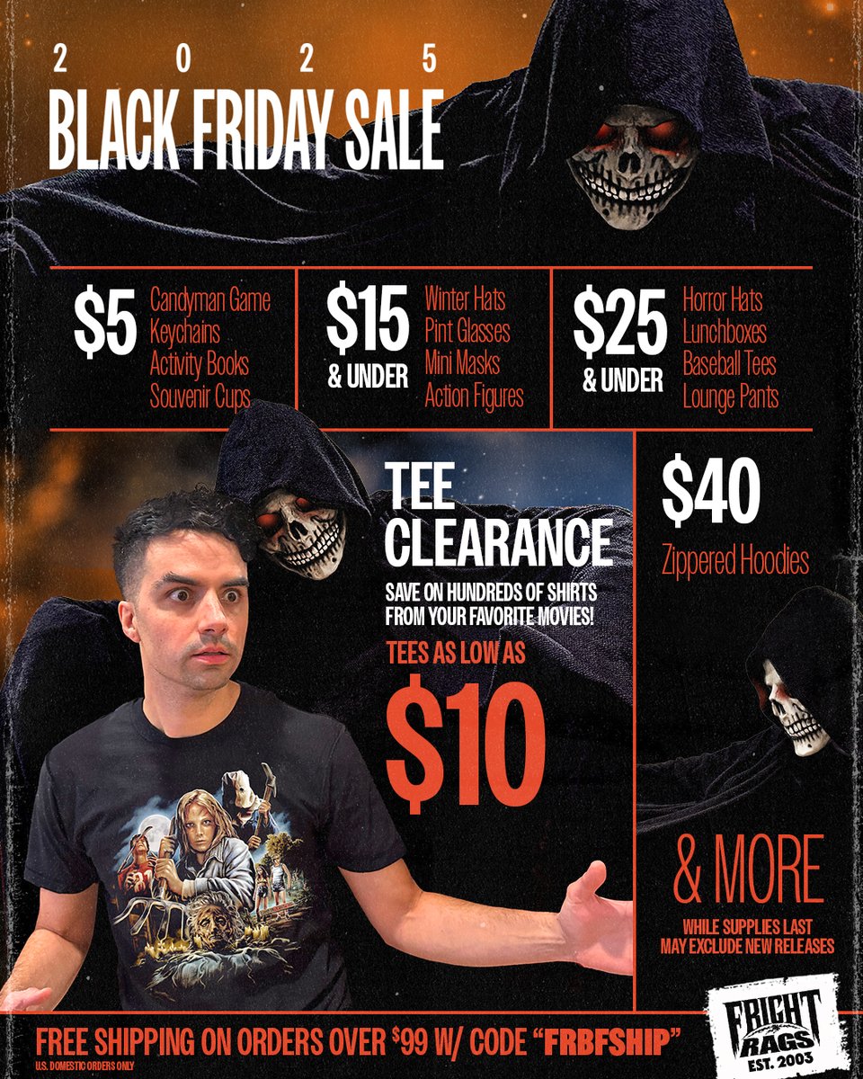 🚨 Our big BLACK FRIDAY SALE is on! Plus get FREE SHIPPING on U.S. orders over $99 with code "FRBFSHIP" at checkout. Have a killer horror shopping spree while supplies last! 👉 🔗 tinyurl.com/4ttnhh82