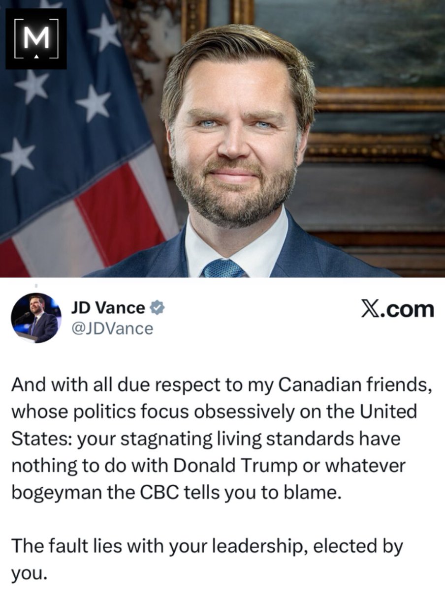 MarcNixon24's tweet image. 🔥 JD Vance just said what every Canadian is thinking but too afraid to say out loud:

“Our living standards aren’t collapsing because of Trump they’re collapsing because of our own leadership.”

The CBC won’t like this one bit 🇨🇦

What you think about JD Vance statement?