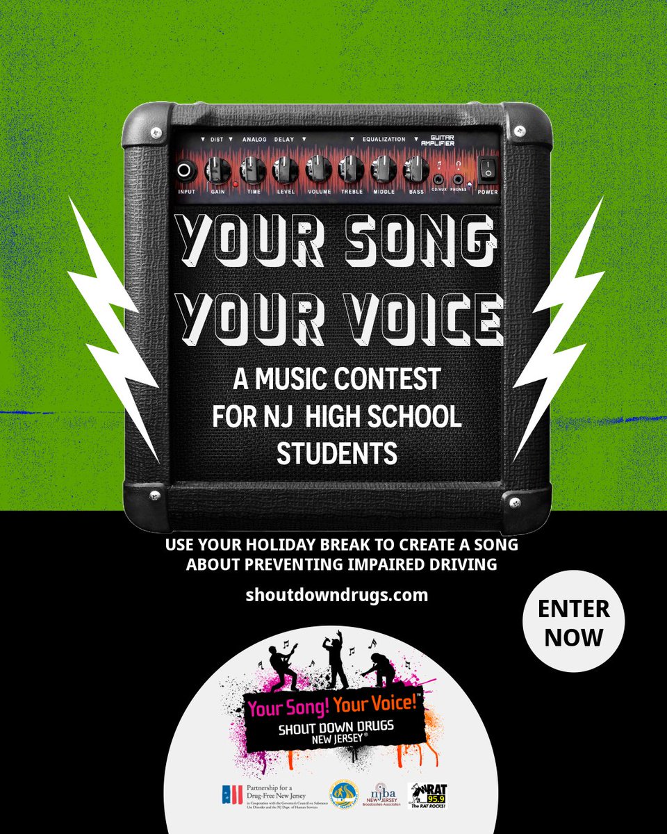 Submissions are open to our songwriting competition - YOUR SONG YOUR VOICE - for New Jersey high school students (Grades 9-12). Use your break to write a song with a strong message about preventing impaired driving

Enter NOW: shoutdowndrugs.com