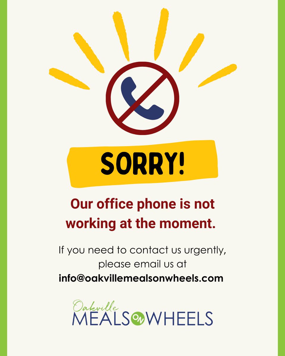 Our office phone is temporarily down. Sorry for the inconvenience! 
If you need to reach us urgently, please email us at info@oakvillemealsonwheels.com

#OakvilleMealsOnWheels #OMoW #CommunityCare #SupportLocal #MealsOnWheels #StayConnected #WeAreHereForYou #OakvilleCommunity