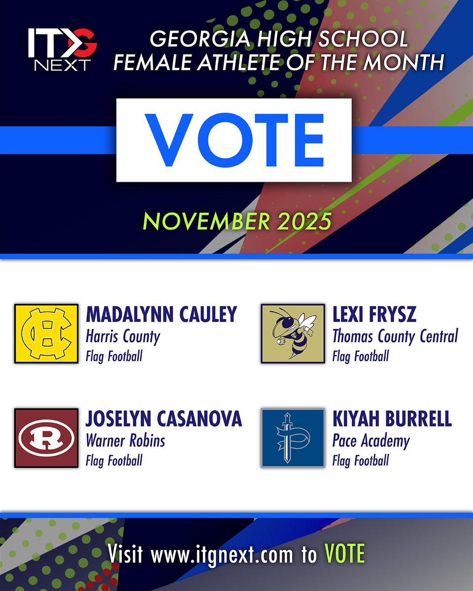 itgnext_georgia's tweet image. Who will be our November 2025 Georgia High School Female Athlete of the Month?

🗳️ Click or tap here to cast your vote to help decide the winner: itgnext.com/athlete-of-the…

🏈 @HCHSga @HCSDga 
🏈 @WRHSAthletics25 
🏈 @LexiFrysz 
🏈 @PaceKnights