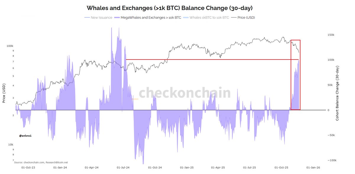 anlcnc1's tweet photo. Mega Whale + Exchange(+10K BTC) tarafı 30 günlük bazda net birikim modunda kalmaya devam ediyor. Büyük cüzdanlar son dönemin en agresif alımlarından birini yapıyor. 110–108K bandında başlayan birikim, özellikle fiyat 102–101K ve 92K seviyelerine indikçe belirgin şekilde agresifleşmiş.

Birileri giderken birileri hala var. Doğru mu yapıyorlar yanlış mı yapıyorlar zaman gösterecek.