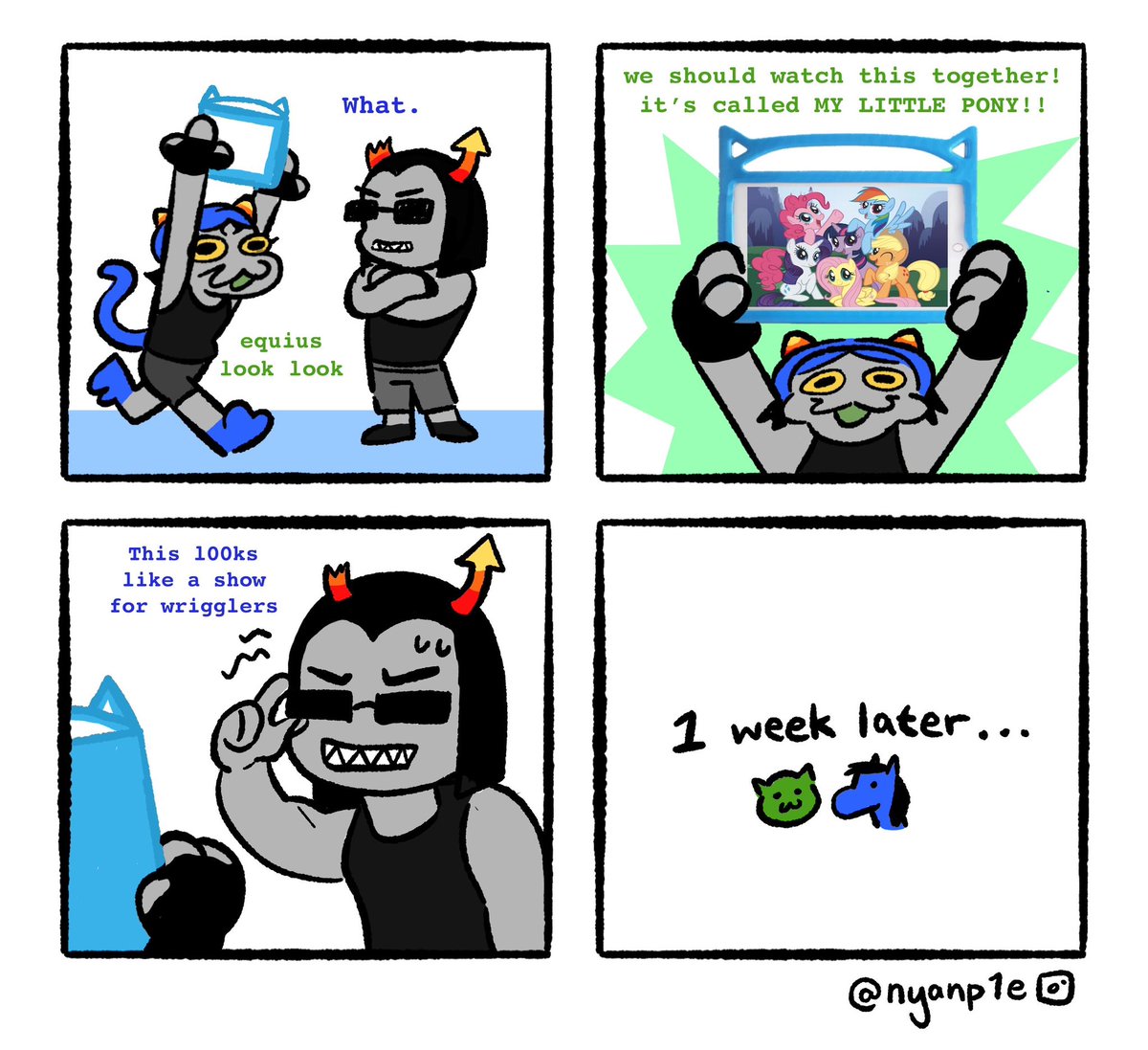 nyanp1e's tweet image. nepeta introduces equius to mlp #meowrails #nepeta #equius #homestuckfanart #homestuck