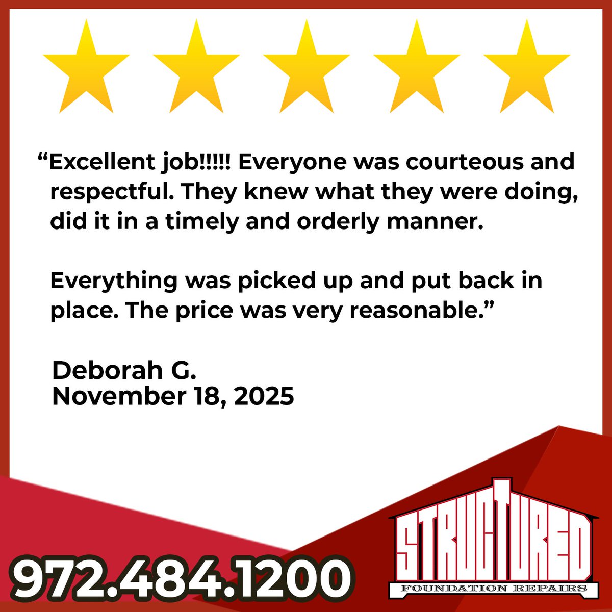 StructuredFound's tweet image. It&apos;s 5-Star Friday! Check out this recent 5-star review from Deborah G. Thank you, Deborah, for sharing your experience with Structured!  

#5starFriday #CustomerReview #FoundationRepair #NorthTexas #DFW