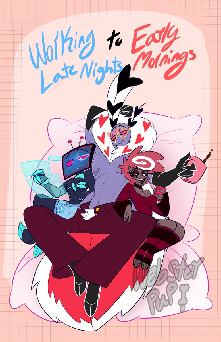 WebsterPup_'s tweet photo. More 3 Vees artwork! Wanted to draw them hanging about in sleepwear while working on things 

#HazbinHotel #Voxval #StaticMoth #VEES https://t.co/WHSsPUHfcJ