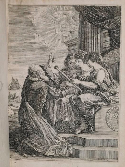 MarshsLibrary's tweet image. Galileo explaining the cosmos to the muses. The frontispiece from the first edition of his collected works, printed in Bologna 1655-6.