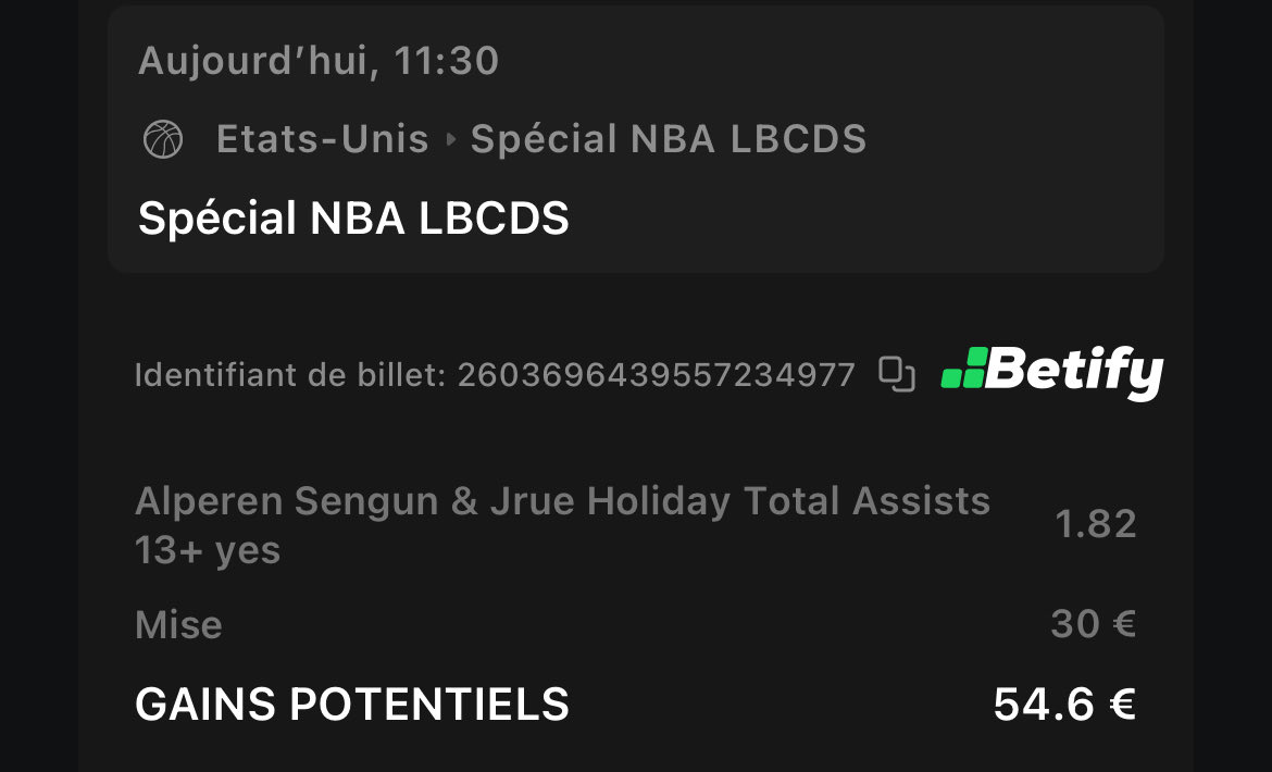 FastBreakTips's tweet image. #NBA 

🗓️ 22/11 

🎯 Bet : 

Sengun &amp;amp; Holiday 13 assists ou + 
@ 1,82 💰 1.5% 

Bookmaker: Betify 

RT ♻️ / Fav ❤️ si tu suis 
#TeamParieur #NBA