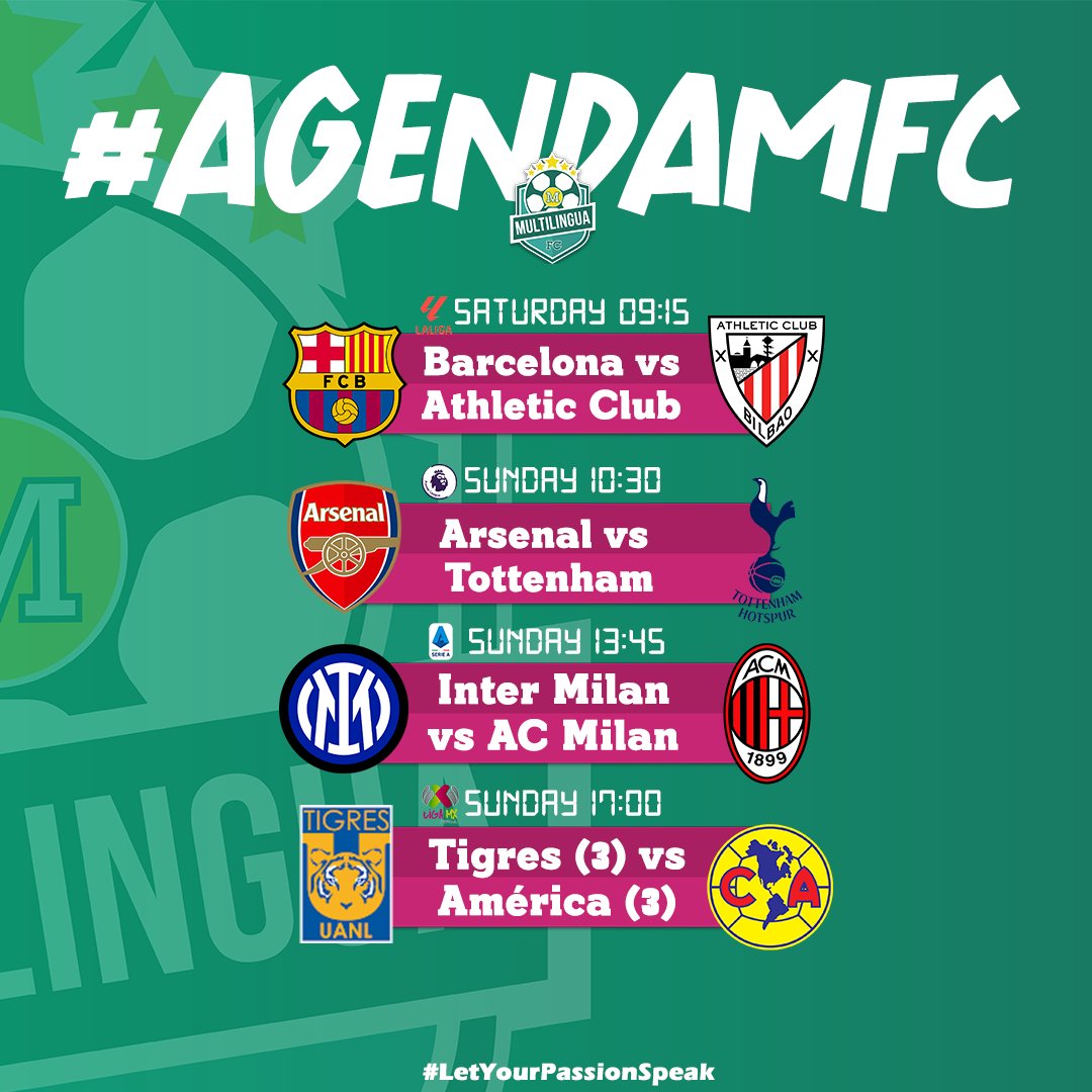 MultilinguaFC's tweet image. ¡Al fin es Viernes! Y llega la  #AgendaMFC🗓⚽

🇪🇸El Barca tiene una visita incómoda en #LaLiga 
🏴󠁧󠁢󠁥󠁮󠁧󠁿Derby del norte de londres en la #PremierLeague
🇮🇹Derby della Madonnina en la #SerieA
🇲🇽Tendremos nuevas campeonas en la  #LigaMXFemenil

#LetYourPassionSpeak
#FootballWeekend