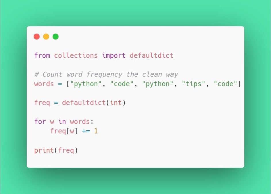 seniorpythondev's tweet image. 🔥 𝗣𝘆𝘁𝗵𝗼𝗻 𝗧𝗶𝗽: 𝗧𝗵𝗲 𝗦𝗶𝗺𝗽𝗹𝗲 𝗧𝗿𝗶𝗰𝗸 𝗧𝗵𝗮𝘁 𝗠𝗮𝗸𝗲𝘀 𝗬𝗼𝘂𝗿 𝗖𝗼𝗱𝗲 𝗠𝘂𝗰𝗵 𝗖𝗹𝗲𝗮𝗻𝗲𝗿

Want cleaner Python code?
Use 𝗱𝗲𝗳𝗮𝘂𝗹𝘁𝗱𝗶𝗰𝘁 instead of writing long if key in dict checks.
It makes your code shorter, cleaner, and more Pythonic.

Find…