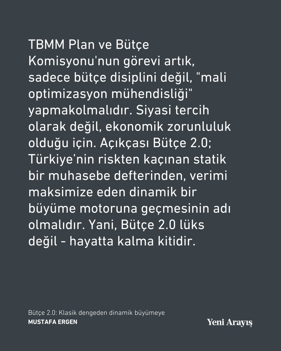 ❝ Bugünkü bütçe görüşmeleri, Türkiye için yalnızca bir mali kâğıt oyunu değil; geleceğe yön veren bir kavşak olmalıdır. ❞

Bütçe 2.0: Klasik dengeden dinamik büyümeye

✍️ Mustafa Ergen (<a href="/mustafaergen_/">Mustafa Ergen</a>) yazdı.

Okumak için ➡️ yeniarayis.com/yazi/butce-20-…