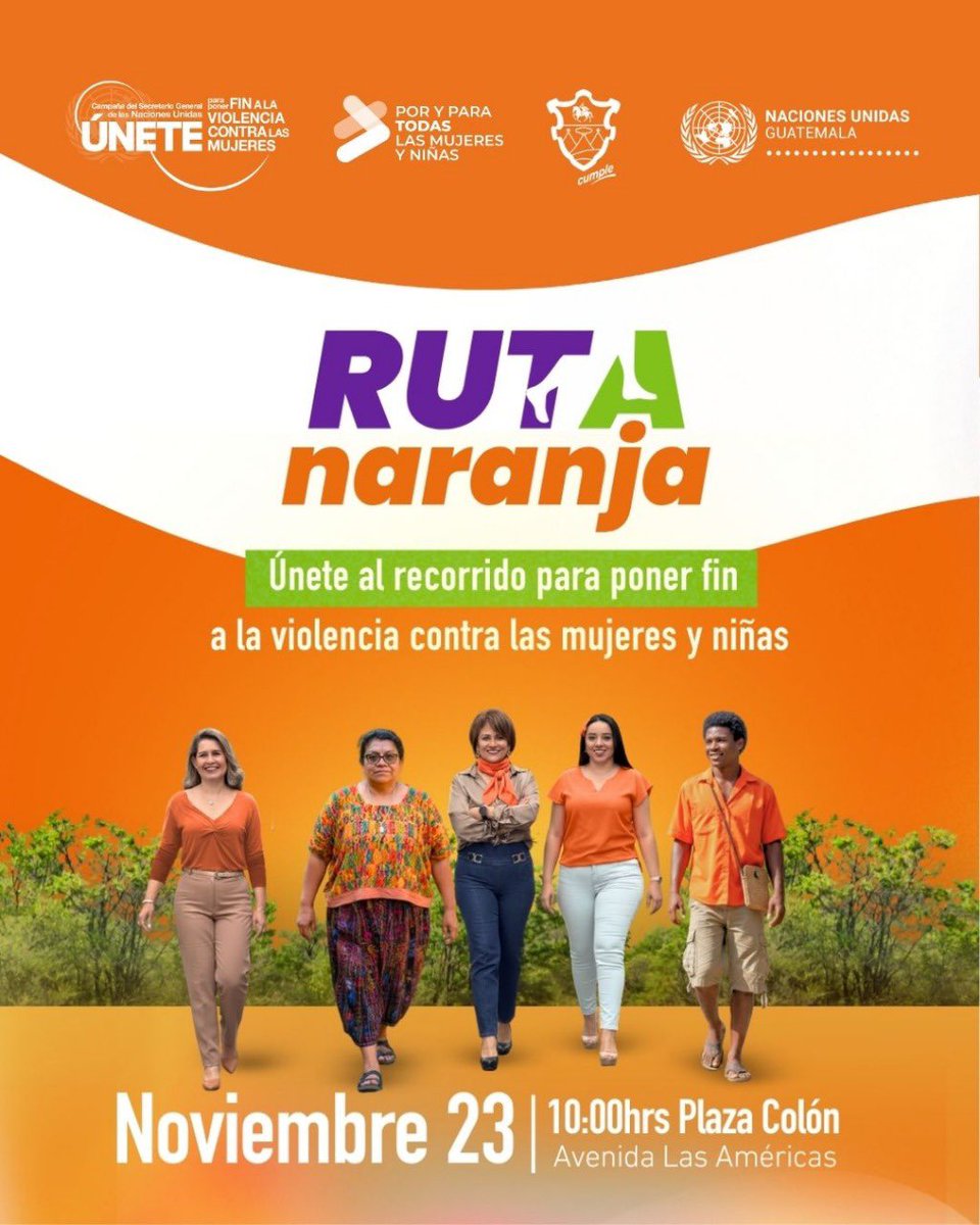 ONUGuatemala's tweet image. Prepárate para recorrer la #RutaNaranja 🧡 #ÚNETE al cambio y aprende más sobre cómo eliminar la violencia contra las mujeres y niñas. #NoHayExcusa
#NoHayExcusa #LibresDeViolencia #ONUMujeres🇬🇹 #MuniGuate #DMMujer