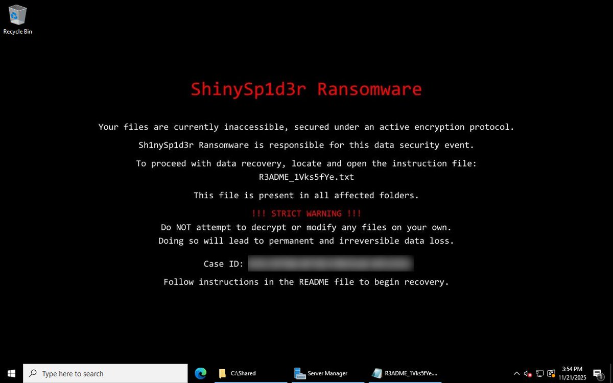 Unit42_Intel's tweet image. We are tracking indicators for a new #ransomware named &quot;ShinySp1d3r&quot; likely associated with the cybercrime group #BlingLibra (#ShinyHunters). Discovered samples are for Windows, but a Linux version will apparently be released at a later point. Details at bit.ly/4a6xMye