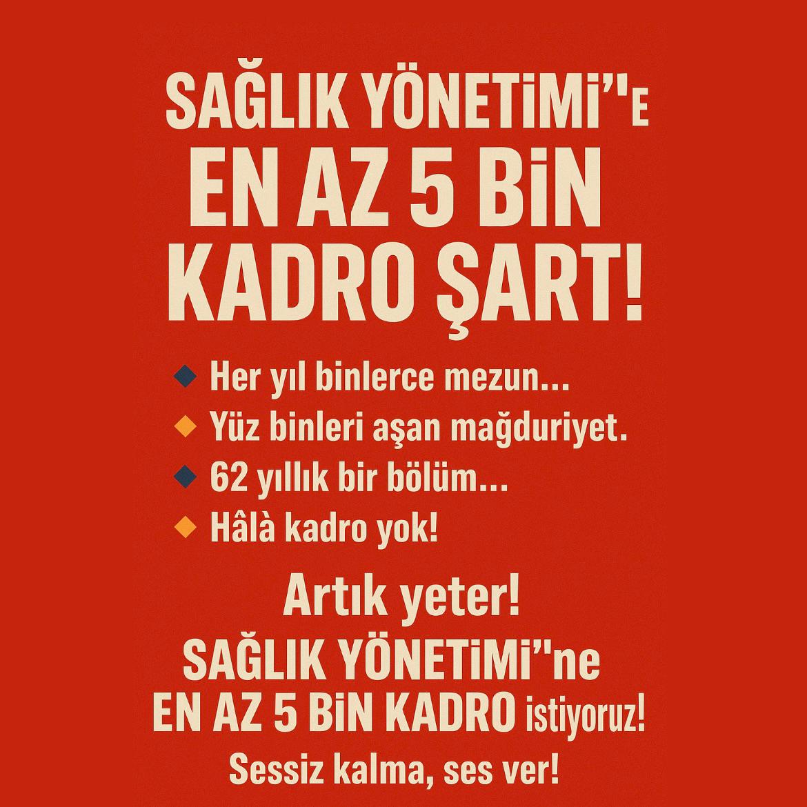 <a href="/drmemisoglu/">Prof. Dr. Kemal Memişoğlu</a> Sağlık meslek mensupları içerisinde sayılmayan Sağlık Yönetimi mezunları olarak, 190 sayılı cetvelde görev tanımımızı ve ösym tercih kılavuzunda 4597 sayılı nitelik kodumuzu ARTIK görmek istiyoruz. 
<a href="/drmemisoglu/">Prof. Dr. Kemal Memişoğlu</a> <a href="/suayipbirinci/">Doç. Dr. Şuayıp Birinci</a> <a href="/saglikbakanligi/">T.C. Sağlık Bakanlığı</a> <a href="/yhgmsb/">Yönetim Hizmetleri Genel Müdürlüğü</a>
SağlıkYönetimine 5BinKadro