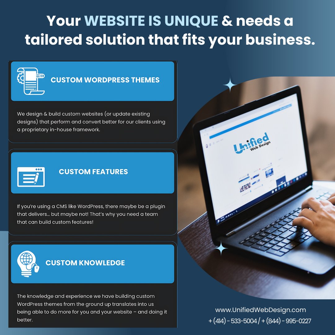 UnifiedWD's tweet image. Every business is different so your website shouldn’t look or behave like everyone else’s.

 At UWD, we build #CustomWordPress sites that match your goals, workflow &amp;amp; customers. A website should fit your business not the other way around. 

👉 unifiedwebdesign.com 

#WebDesign