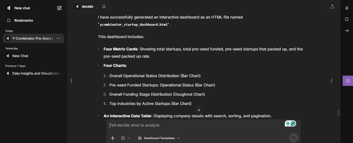 aloy_franc's tweet image. Most tools scrape or extract.

Decide actually analyzes.

It takes in multiple data sources, runs end-to-end workflows, and lets you interact with it in plain English.

Think: “run cohort retention on this CSV and compare to last month”
…and it just does it.