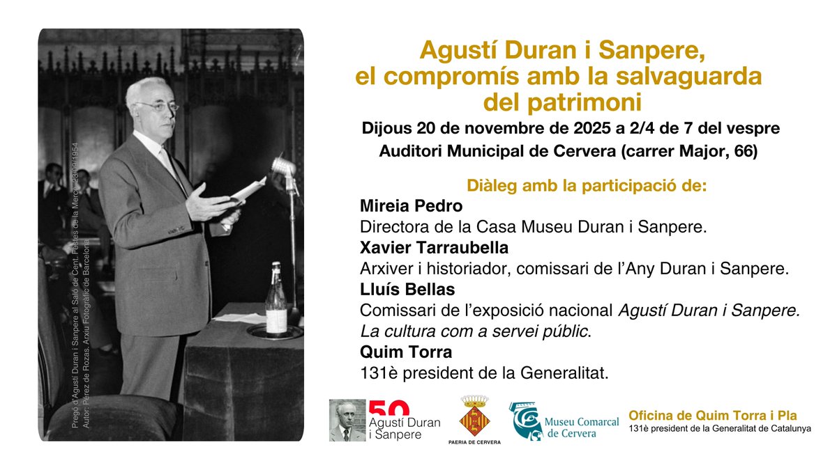 Diàleg fantàstic a Cervera en homenatge a Agustí Duran i Sanpere, gran historiador i impulsor de polítiques culturals de Catalunya.
Gràcies, President <a href="/QuimTorraiPla/">Quim Torra i Pla</a> i al comissari de l'#AnyDuraniSanpere, Xavier Tarraubella, per convidar-m'hi. 
📸Oficina del President Torra