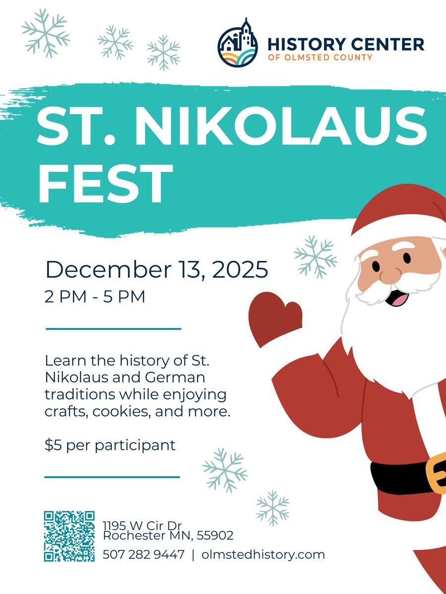 HCOC's tweet image. Join us December 13, 2025 to learn about classic German traditions surrounding St. Nikolaus. It's a fun-filled day for all ages, featuring festive crafts, delicious cookies, and much more! St. Nikolaus himself may drop by for a visit. olmstedhistory.com/events
