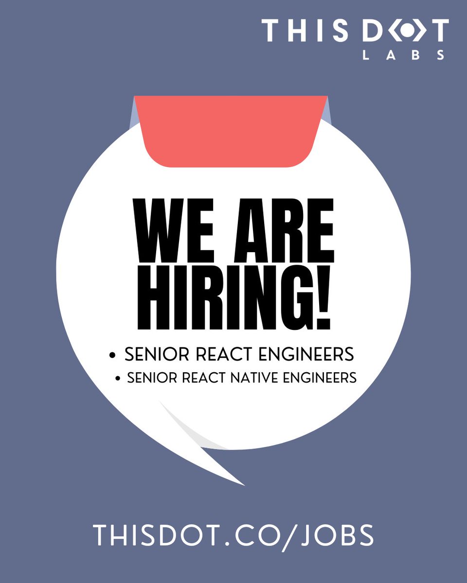 ladyleet's tweet image. My team at @ThisDotLabs is hiring! Come work on a range of products with a great, fully remote team!

- Senior @reactnative Engineer
- Senior @reactjs Engineer