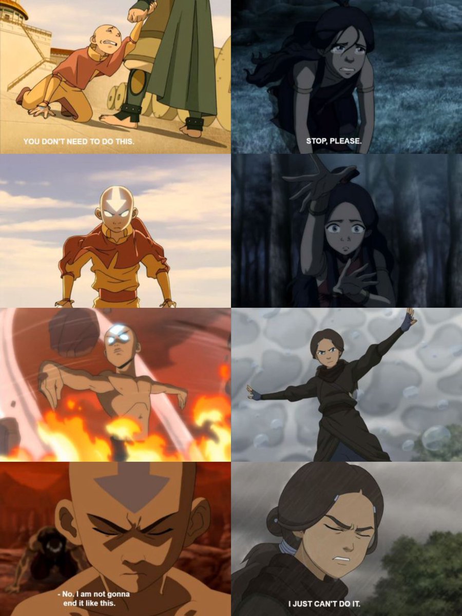 Aang and Katara parallels: the corruption of their powers vs their powers used with justice