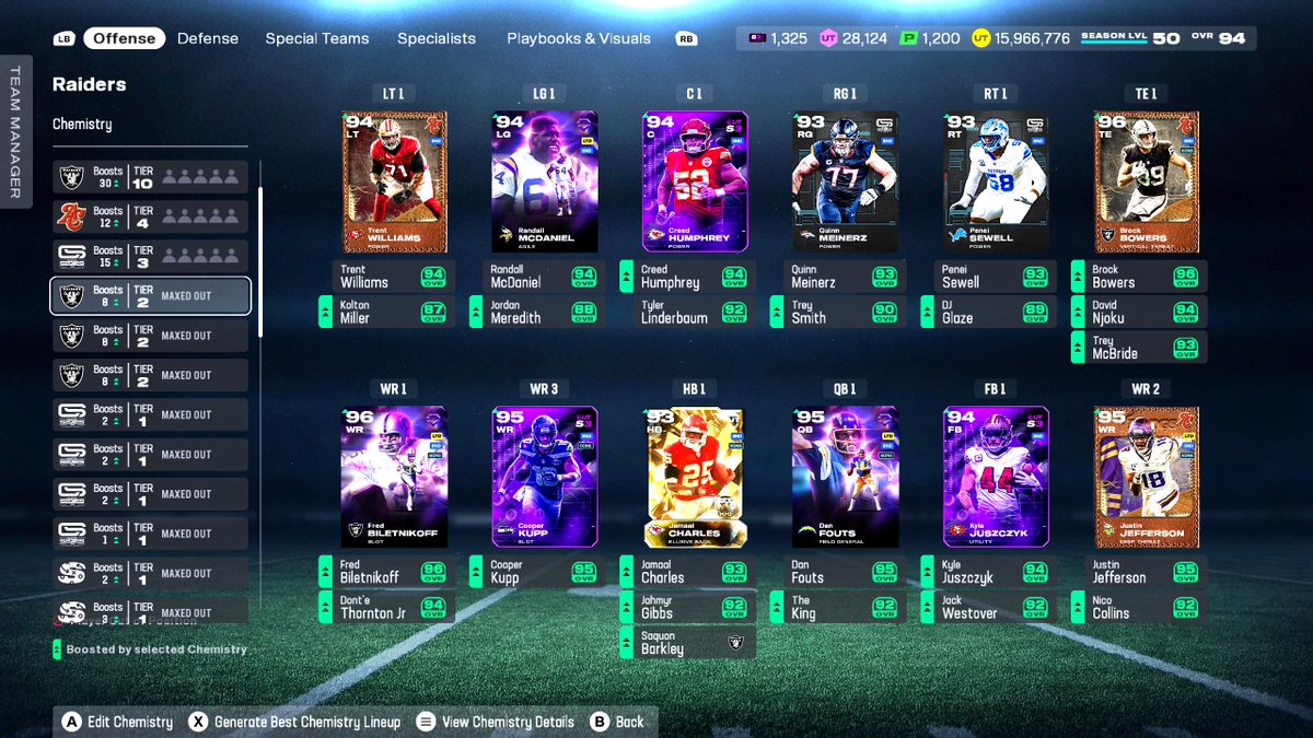 <a href="/FerdyHK/">Ferd</a> 50 Raiders
20 Autumn Classic (Multi 2x chems to make it work + strat boost)
15 Collector Series (Linemen have extra boosts for Mays/Adams) 
All Crystals

Ranked Top 100 Squad