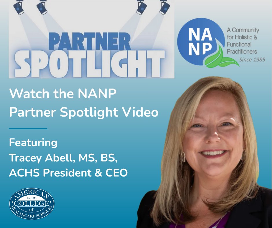 ACHSedu's tweet image. 🎥 Check out the NANP Partner Spotlight featuring ACHS President &amp;amp; CEO Tracey Abell! She shares how ACHS supports NANP members with top holistic nutrition education, including degree programs, CDSP™ Exam Prep, and NANP-approved CE. Watch: hubs.li/Q03VrRBQ0
 #NANP #ACHSedu