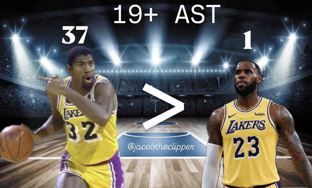 Jacobtheclipper's tweet image. Bron fanboys calling LeBron Magic after a 12 assist game…

Let me remind you there are LEVELS to passing, and Bron is NOT on Magic’s level.

Bron’s career-high in a game is 19 assists. Magic had 19+ assists 37 TIMES! Bron has also played 657 more games than Magic ✌🏻