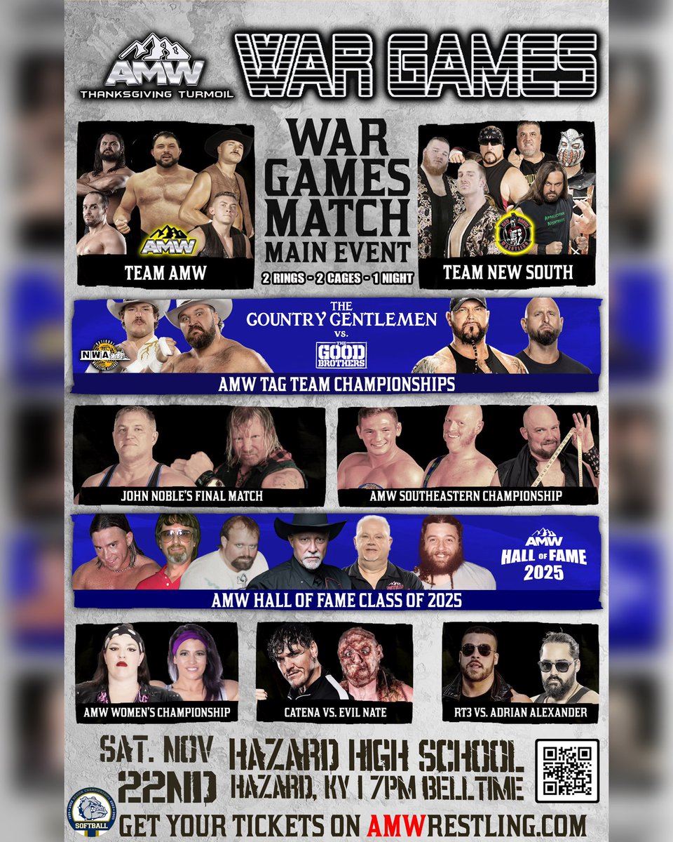AMWprowrestling's tweet image. 🚨TOMORROW 🚨

Saturday, November 22nd the biggest night of wrestling is here in the bluegrass. 

AMW THANKSGIVING TURMOIL: WAR GAMES 2025 from Hazard High School in Hazard, KY. 

The Main Event is a WAR GAMES match. 

🔥2 TEAMS - 2 RINGS - 1 HUGE CAGE🔥

Team AMW (Kyle Maggard,…