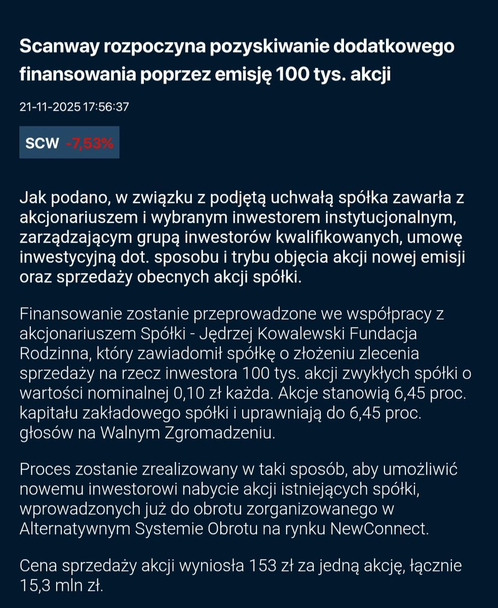tomek_pawlowski's tweet image. Zastanawialiśmy się dzisiaj, to teraz  już wiemy. 
Emisja 100 000 akcji po 153 zł. 
Środki zostaną przeznaczone na realizację strategii rozwoju spółki. 
#scanway