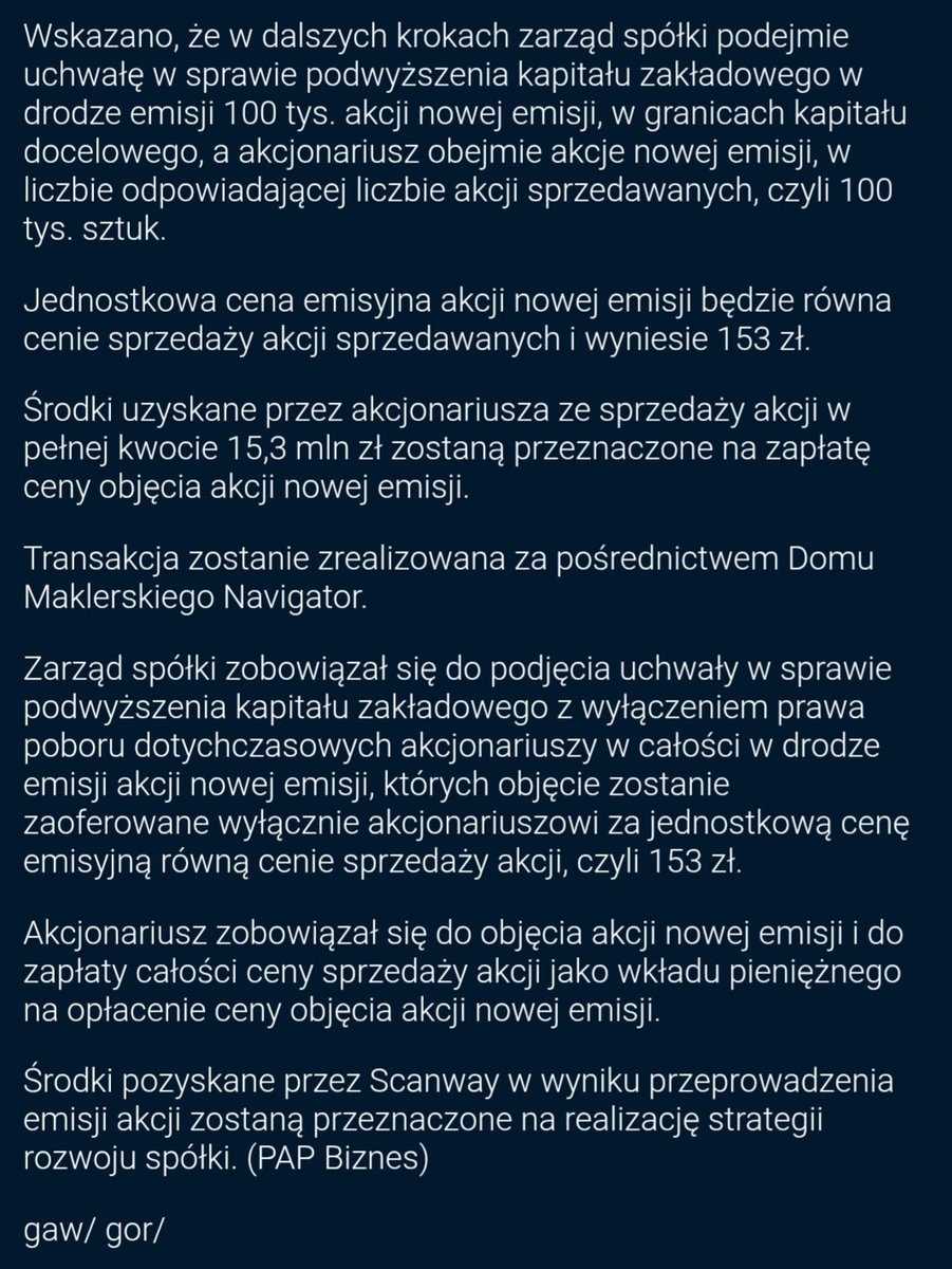 tomek_pawlowski's tweet image. Zastanawialiśmy się dzisiaj, to teraz  już wiemy. 
Emisja 100 000 akcji po 153 zł. 
Środki zostaną przeznaczone na realizację strategii rozwoju spółki. 
#scanway