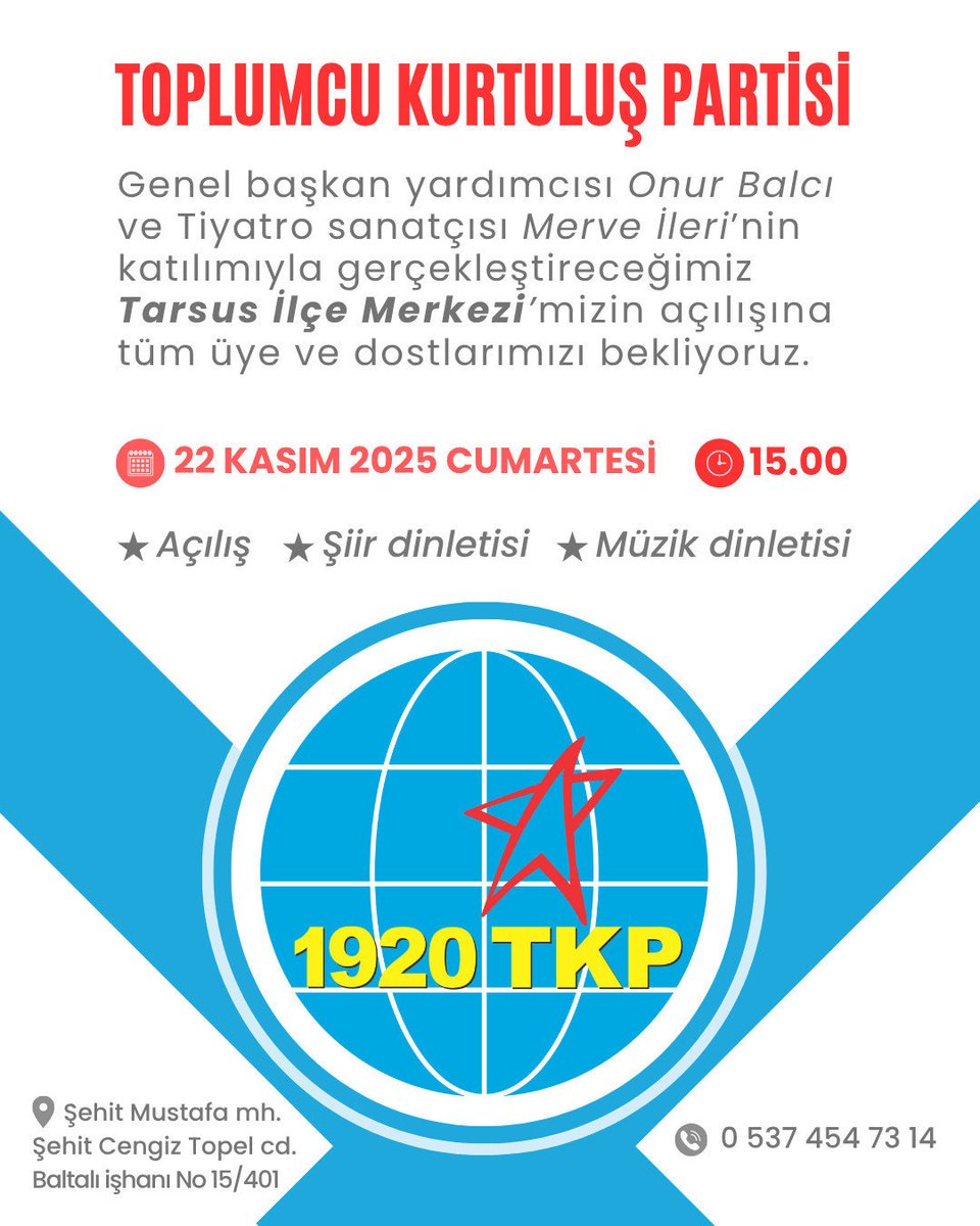 Tarsus İlçe Merkezi'mizi açıyoruz.
Tüm üye ve dostlarımızı bekleriz.

22 Kasım Cumartesi Saat 15.00
Şehit Mustafa mh. Şehit Cengiz Topel cd. Baltalı işhanı No 15/401

İrtibat: 0 537 454 73 14