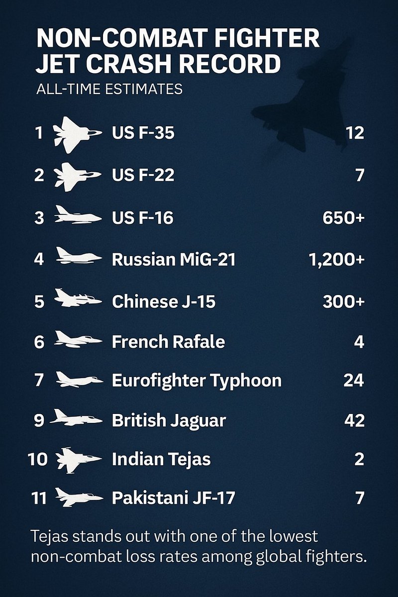 RealBababanaras's tweet image. Non-Combat Fighter Jet Crash Record

1. US F 35 - 12
2. US F 22 - 07
3. US F 16 - 650
4. Russian MIG 21 - 1200
5. Russian MIG 23 - 300
6. Chinese J 15 - 6
7. French Rafale - 4
8. Eurofighter Typhoon - 24
9. British Jaguar - 42
10. Pakistani JF 17  : 07
11. Indian Tejas - 02