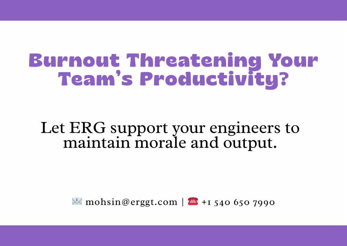 TalentErg's tweet image. Burnout doesn’t just drain energy — it drains results ⚡
Let ERG step in to support your engineers, boost morale 💼, and keep productivity on track 📈
#WorkforceSolutions #EngineeringSupport #TeamPerformance #ERGGlobal