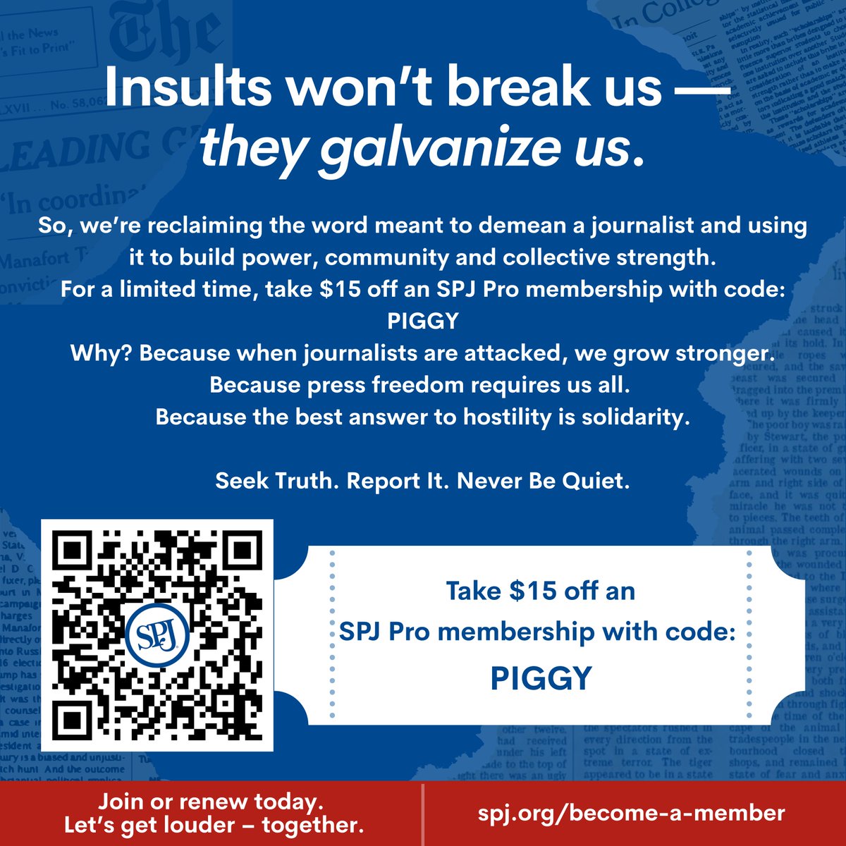 🐷💰For a limited time, take $15 off an SPJ Pro membership with code: PIGGY

Seek Truth🔎. Report It📰. Never Be Quiet📢.

🔗Join or renew today. Let’s get louder – together: bit.ly/3KfoqWs