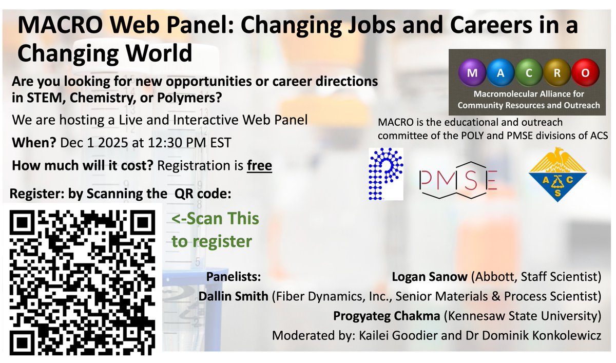 acspmse's tweet image. 🔍 Searching for your next opportunity in polymers?
Join POLY and PMSE for a free MACRO Web Panel designed for graduate students and postdocs navigating the job market.
🗓️ Monday, Dec 1, 2025
🕧 12:30 PM EST
💻 Free Registration: buff.ly/gj4liuw 
#PolymerScience #Careers