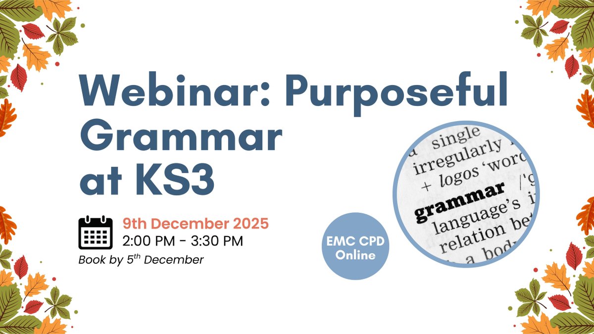 EngMediaCentre's tweet image. EMC CPD Webinar: Purposeful Grammar at KS3

&quot;I really enjoyed this course - thank you! Lots of practical tips and strategies to use.&quot;

Book by: 8am on 5th December
buff.ly/pZAxBye