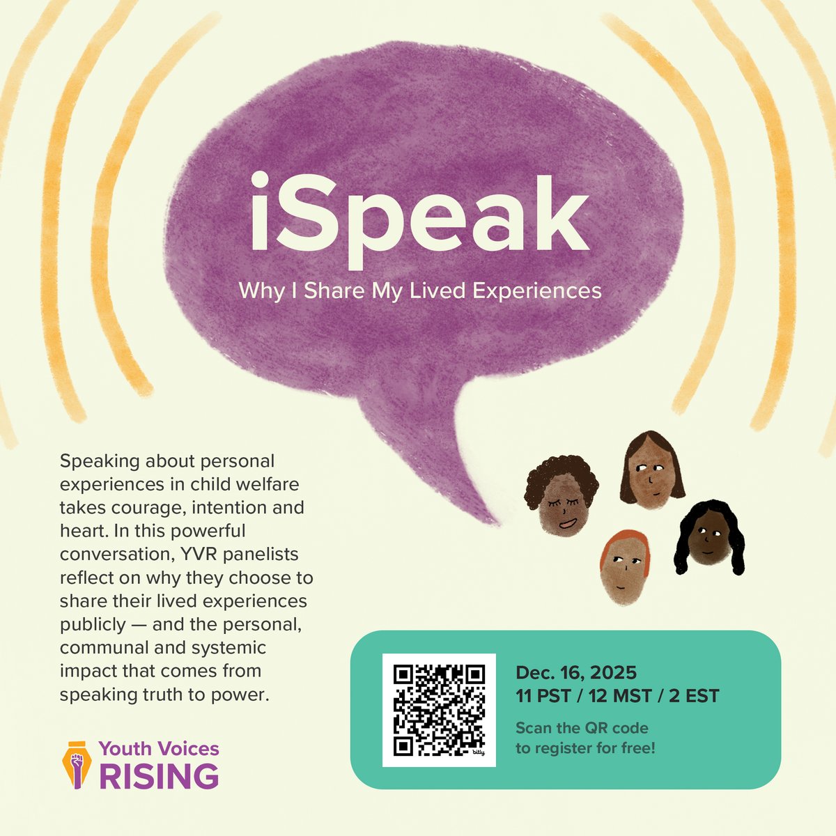 YVRising's tweet image. Join us for the last Youth Voices Rising webinar of the year! Our panelists will reflect on why they choose to share their lived experiences publicly—and the personal, communal, and systemic impact that comes from speaking truth to power.

Register now: us02web.zoom.us/webinar/regist…