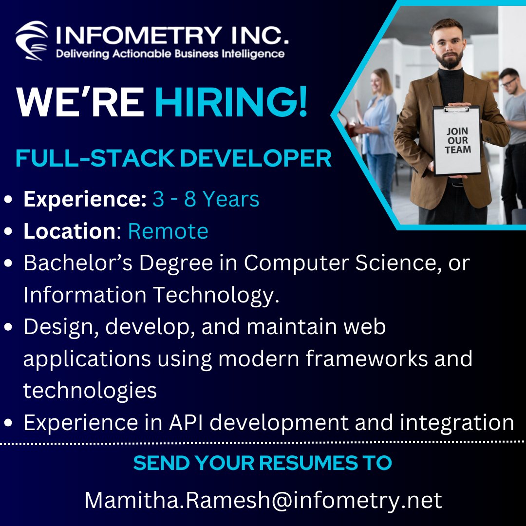 Infometryinc's tweet image. 💼 Infometry Inc is Hiring – Full Stack Developer (Remote)

We’re looking for an experienced developer (3–8 years) to join our team.

📩 Share your CV with Mamitha.Ramesh@infometry.net or apply here: zurl.co/WXZ8C

#Hiring #FullStackDeveloper #Infometry #TechJobs
