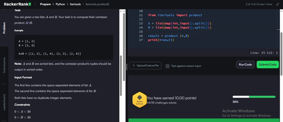 MRout75802's tweet image. Day 61/100 ✅
💡 Challenge: itertools.product()
🔹 Learned how to compute the Cartesian Product in Python
🔹 Used product() to generate all possible pair combinations
🔹 Improved understanding of iterables &amp;amp; unpacking with *result
#Python #100DaysOfCode #HackerRank #zigbee