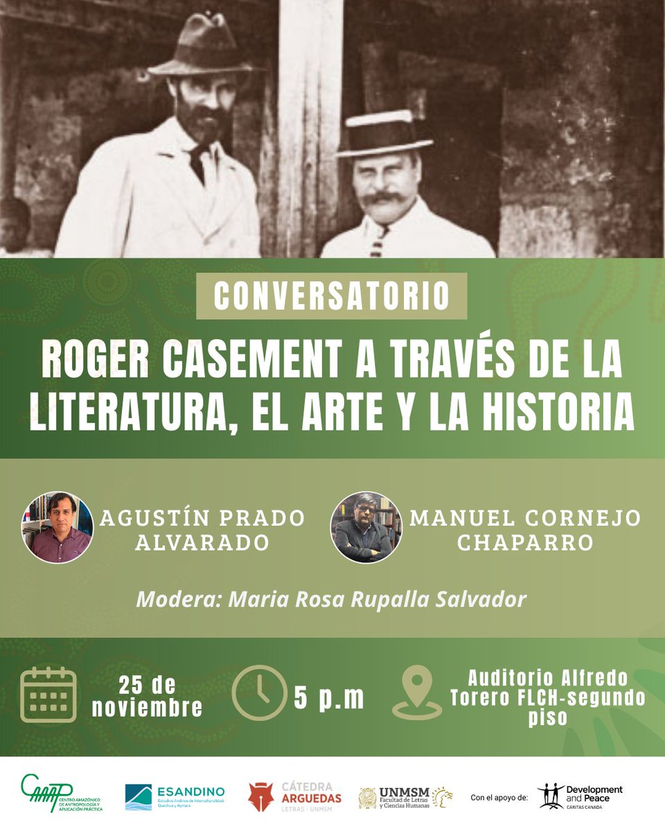 #Conversatorio 📚 Roger Casement a través de la literatura, el arte y la historia. Este 25 de noviembre te invitamos a un espacio de diálogo sobre la figura de Roger Casement y su impacto en la memoria amazónica. 🎁 Entre los asistentes se sortearán libros.