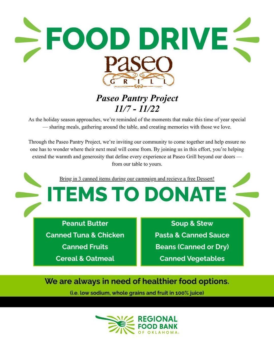 If you haven't donated to the Paseo Pantry Project, now's the time to do so! 

You can drop off your donated goods at Paseo Grill, 2909 Paseo, the Paseo Arts and Creativity Center, 3024 Paseo, or select stores in the district! To learn more, visit buff.ly/morLfZz