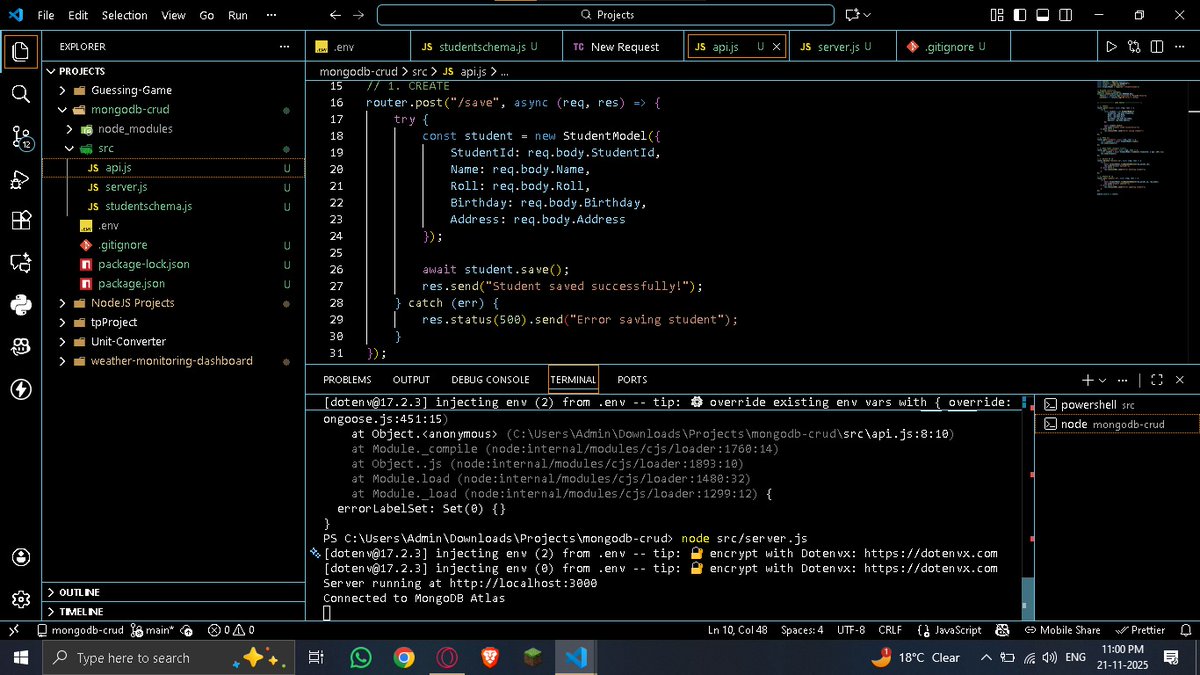 Kamal_M_B's tweet image. Implemented the backend today!

Built full CRUD with Node.js, Express, Mongoose, and MongoDB Atlas,  everything running perfectly.

Will work on a simple frontend + deployment tomorrow.

#fullstackwebdevelopment #skillupwithgfg #nationskillup @geeksforgeeks