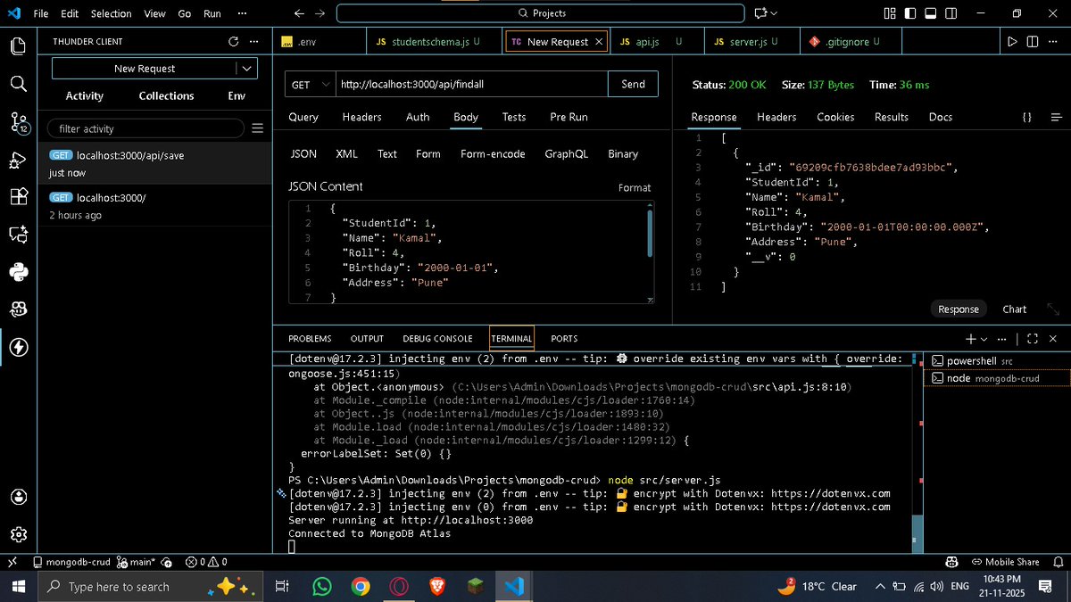 Kamal_M_B's tweet image. Implemented the backend today!

Built full CRUD with Node.js, Express, Mongoose, and MongoDB Atlas,  everything running perfectly.

Will work on a simple frontend + deployment tomorrow.

#fullstackwebdevelopment #skillupwithgfg #nationskillup @geeksforgeeks
