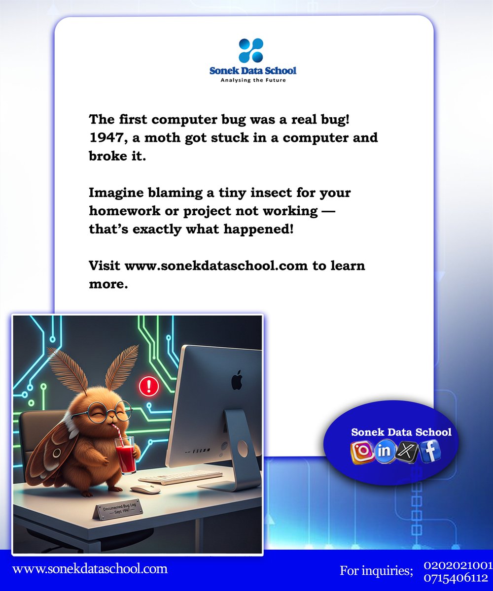 sonekdataschool's tweet image. We teach you the skills to handle all kinds of computer issues, whether they are moths or code errors.
Visit sonekdataschool.com to start learning with us.