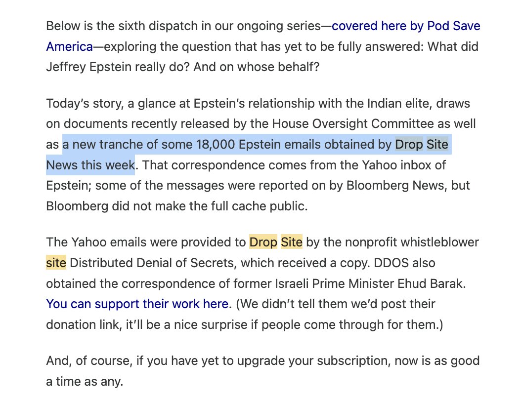 maxwelltani's tweet image. Drop Site says it has new Epstein emails..