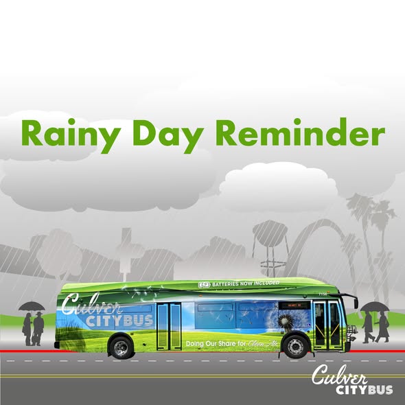 Rainy Day Reminder! 🌧 🚍

Make sure you:
🌦️Check the weather forecast.
🧥 Dress for the weather.
📲 Sign up for rider alerts to be the first to know about detours or delays!
🚫 Keep umbrellas off bus seats! Please place them on the floor or in a bag.